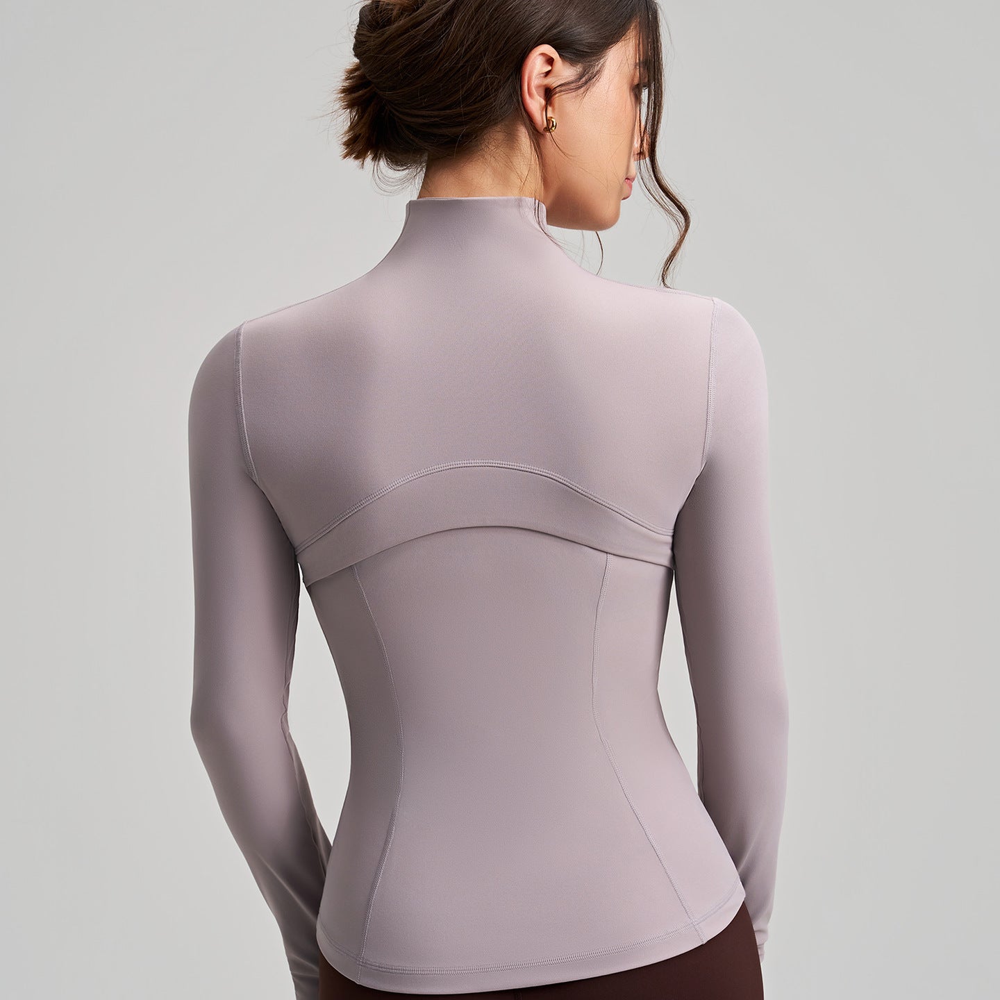 Long sleeve lavender yoga jacket with stand collar and finger stalls