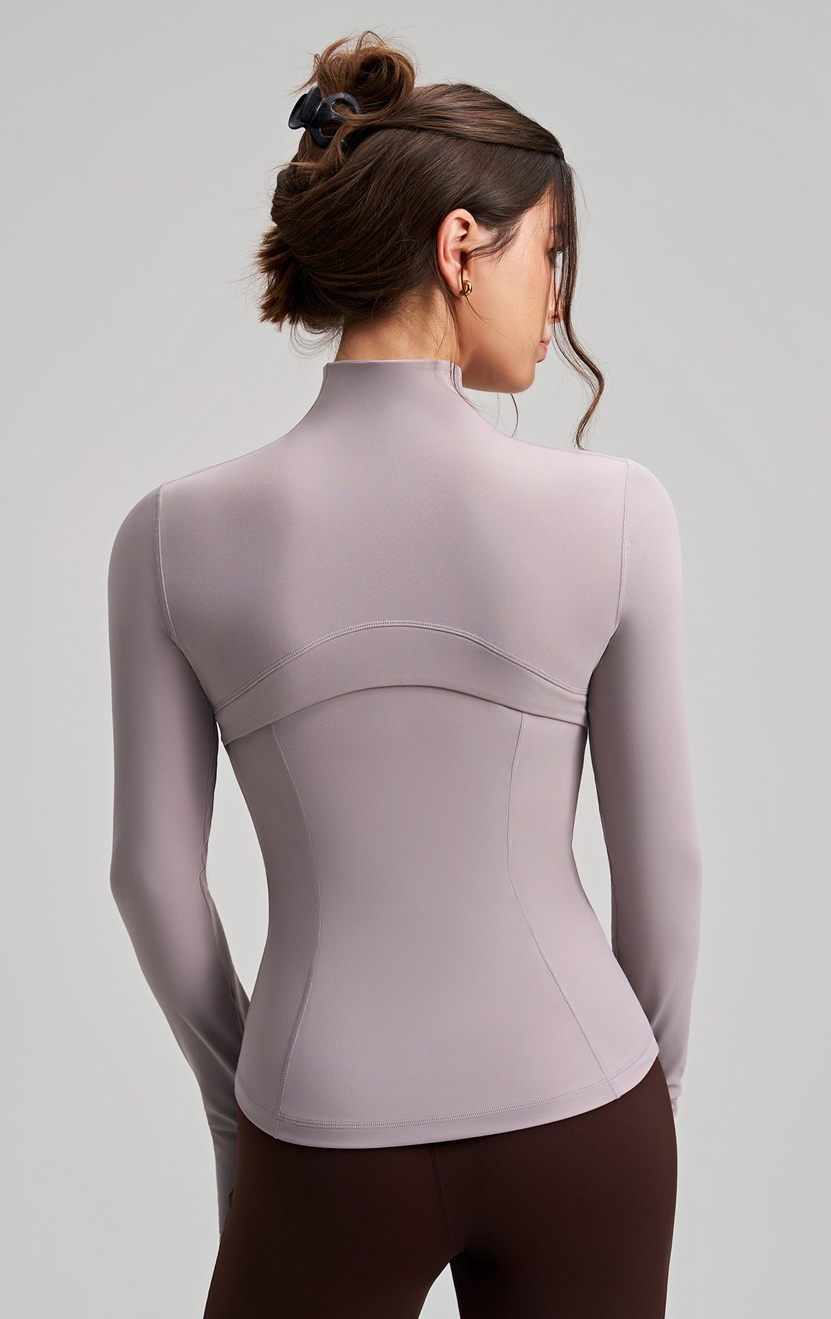 Long sleeve lavender yoga jacket with stand collar and finger stalls