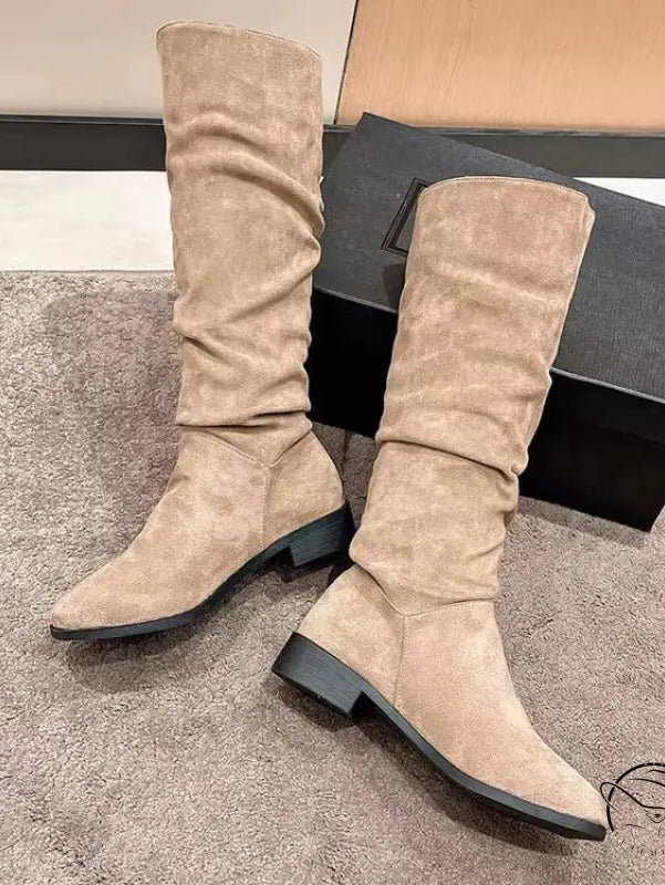 Pile Suede Slip on Knee High Boots