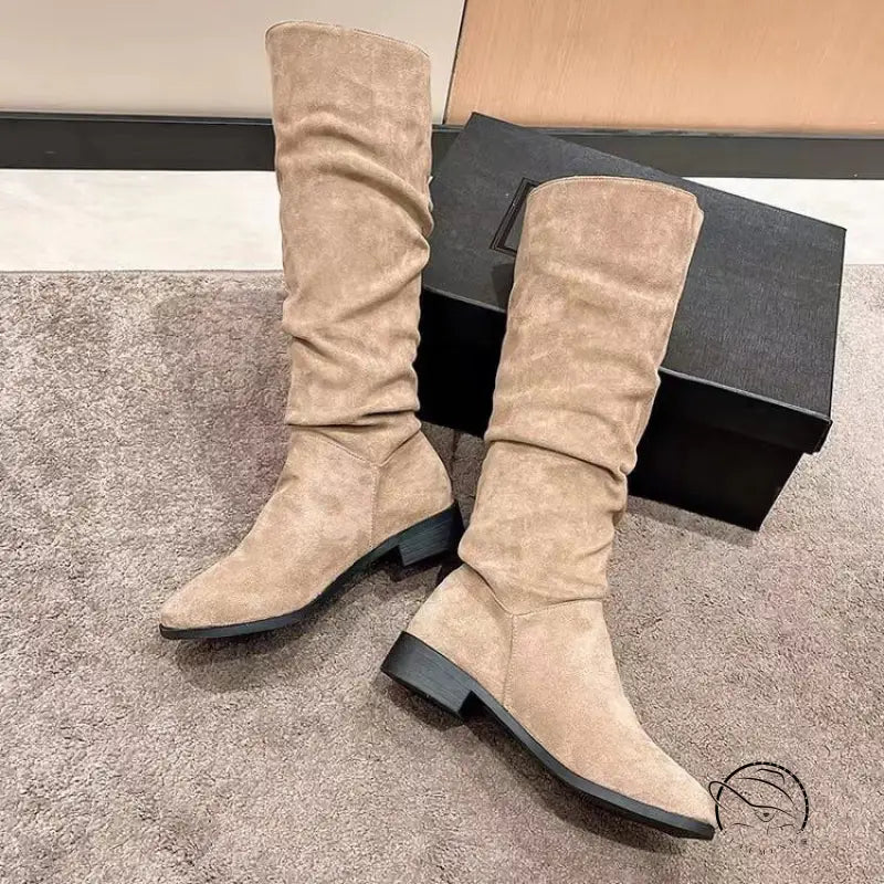 Pile Suede Slip on Knee High Boots