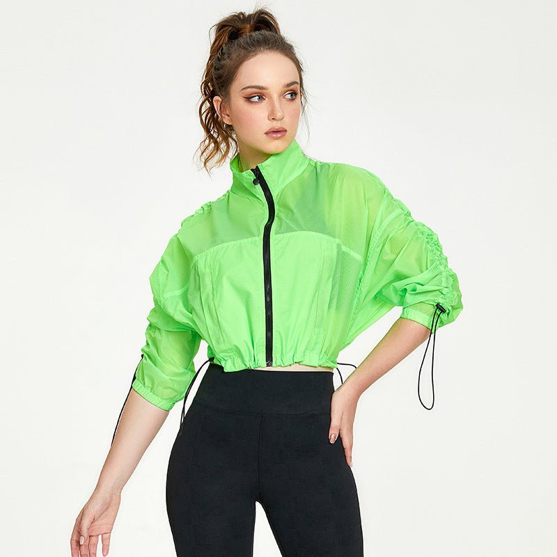 Neon green cropped jacket from Casual Loose Cardigan Fitness Yoga Wear, trendy langry fashion