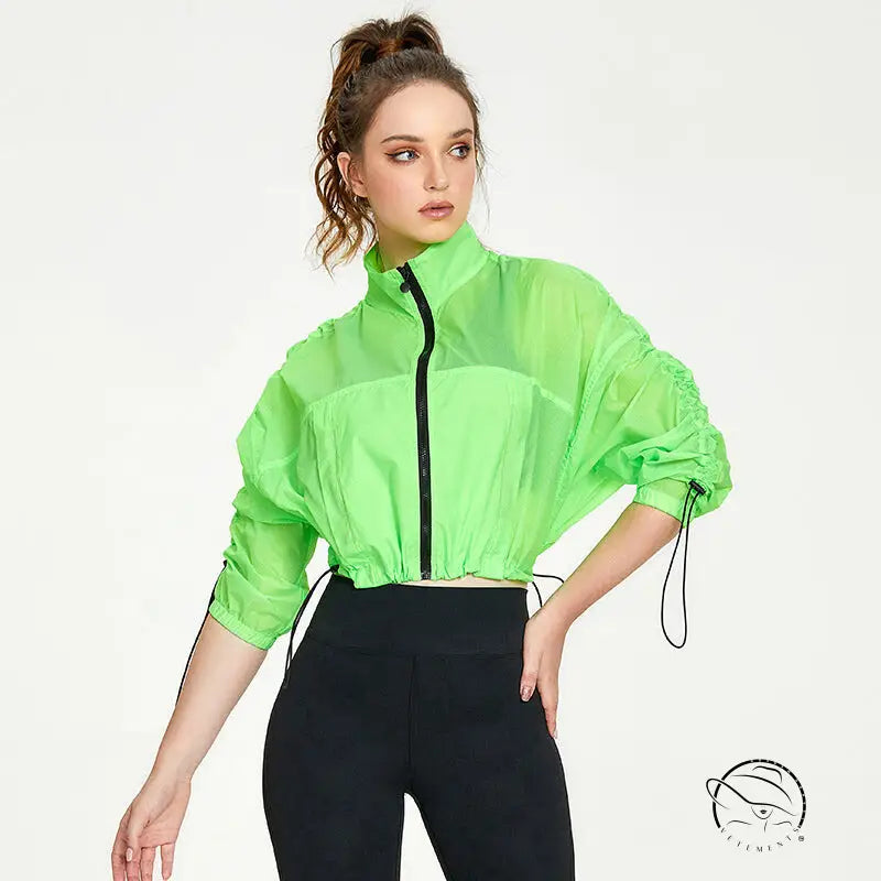 Neon green cropped casual loose cardigan for yoga fitness wear
