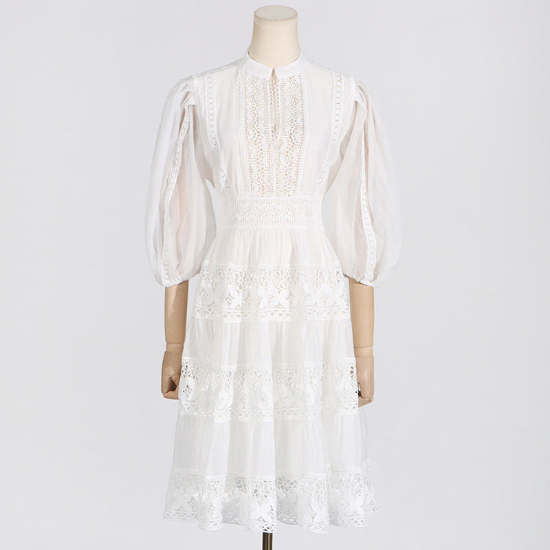 White embroidered puff sleeve short dress by Langry