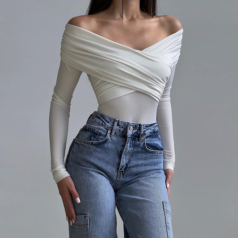 Langry white off-shoulder ruched bodysuit with slim high-waist jeans