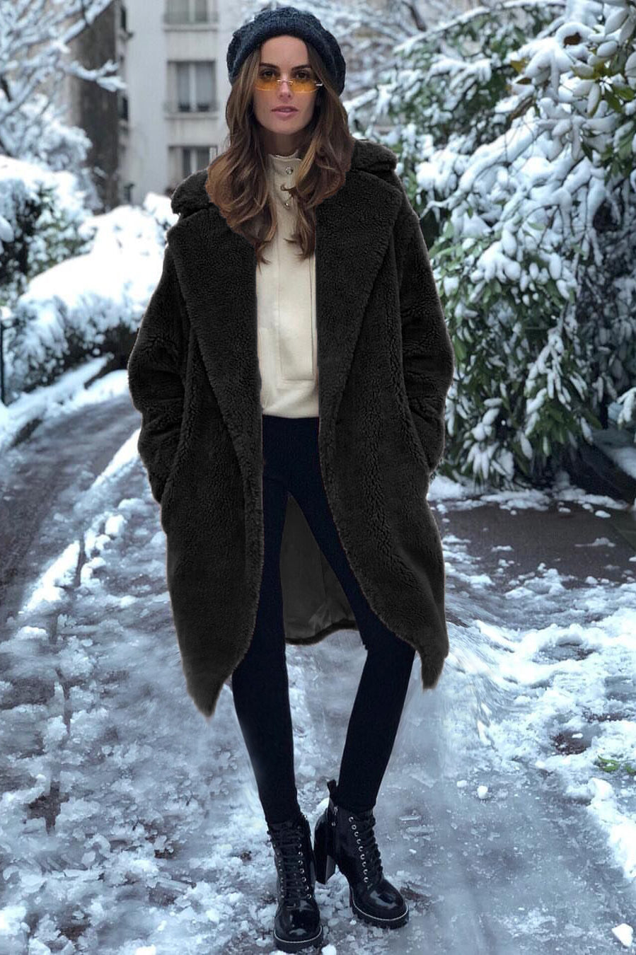 Langry fashion casual faux fur coat with plush dark brown teddy bear hood and sleeves