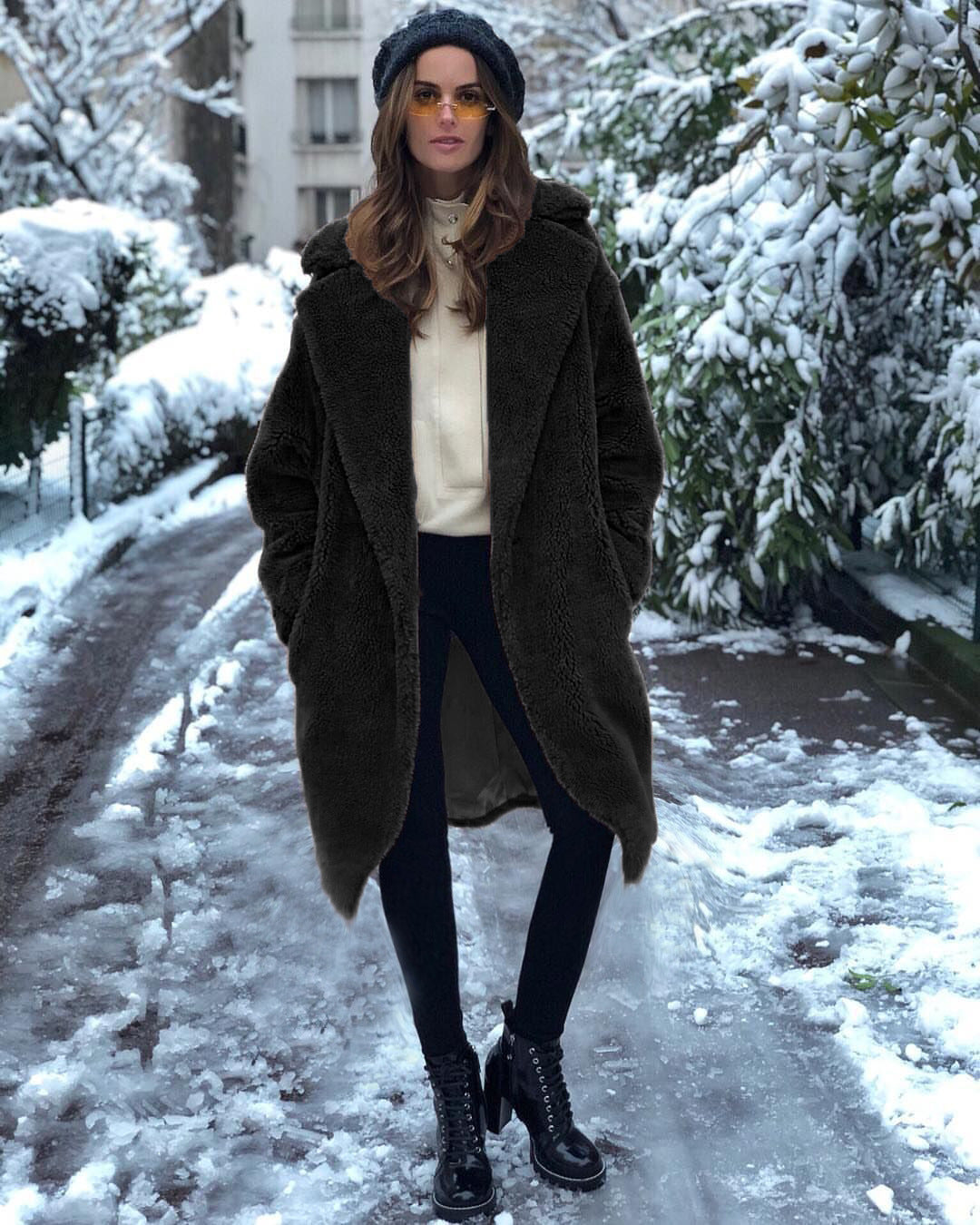 Langry fashion casual faux fur coat with plush dark brown teddy bear hood and sleeves