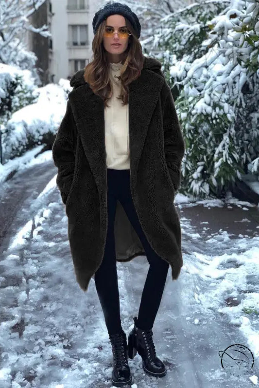 Langry casual faux fur coat: plush dark brown teddy bear style with hood