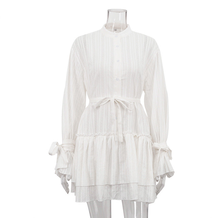 Delicate white long sleeve French Tie Ruffled dress with lace cuffs