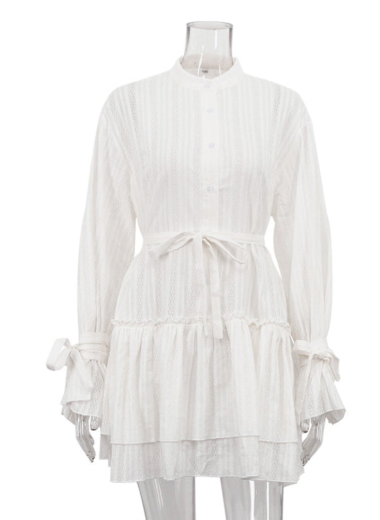 Delicate white long sleeve French Tie Ruffled dress with lace cuffs