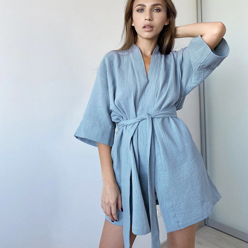 Light blue pure cotton casual nightgown with textured fabric and tie waist for comfort