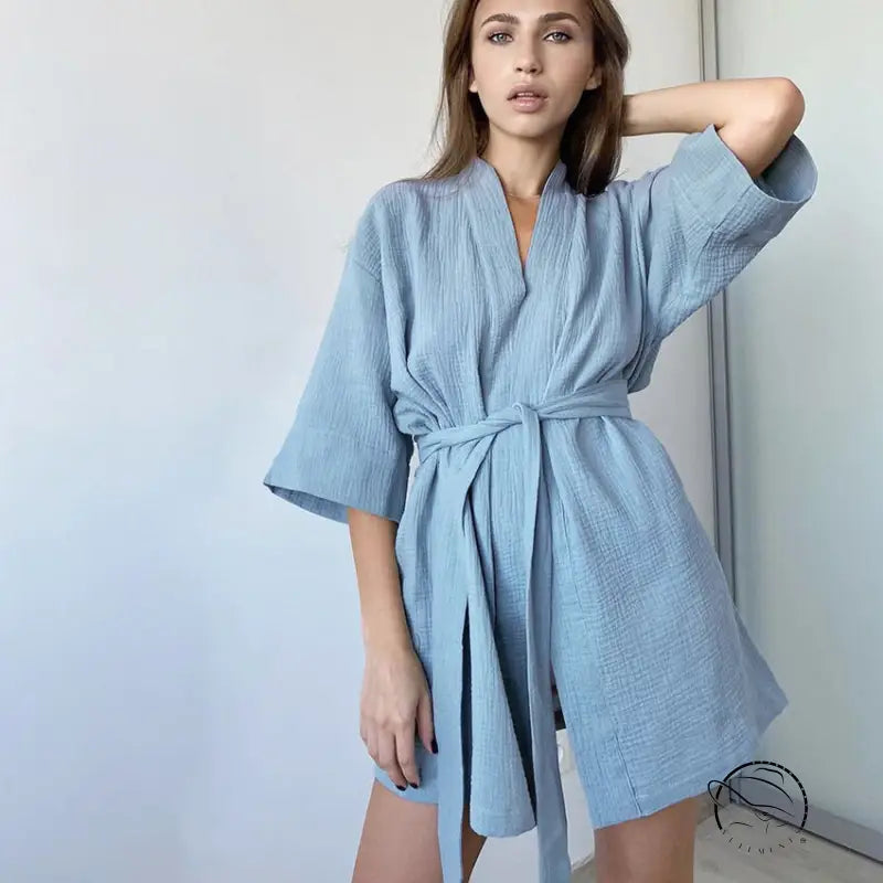 Light blue textured pure cotton casual nightgown robe with tie waist