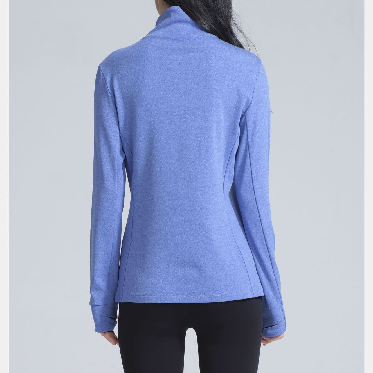 Woman wearing Winter Thermal Velvet Long Sleeved Yoga Jacket in periwinkle for fashionable ملابس