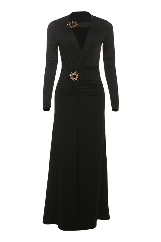 Enchanting Split Evening Dress: Black langry fashion maxi with deep V-neck and brooch