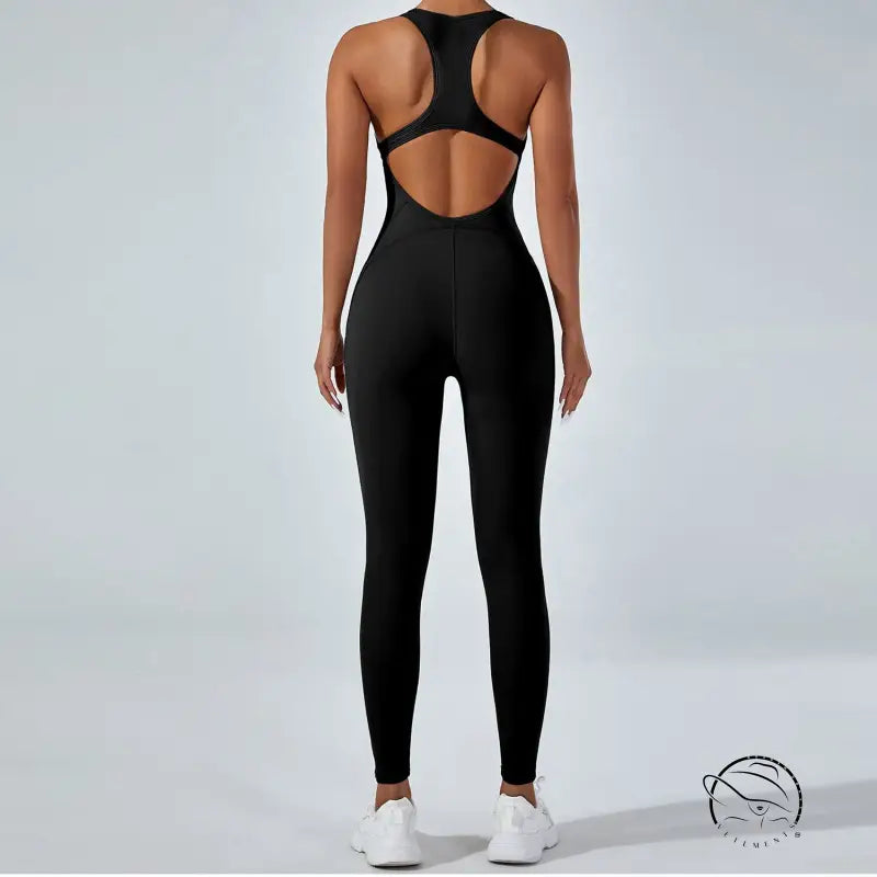 Black langry yoga one-piece jumpsuit with racerback and open back