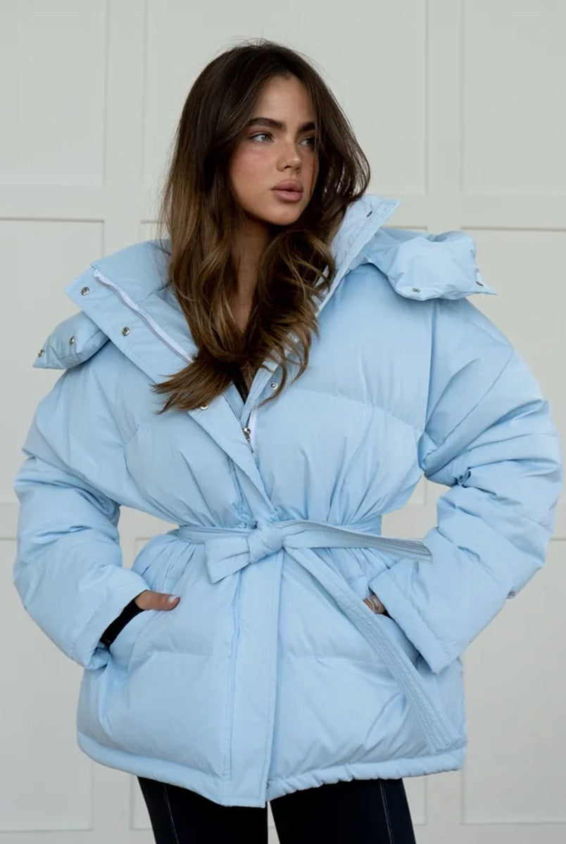 Light blue belted puffer jacket with hood from Hooded Thickened Thermal Zipper Bread Coat, stylish langry fashion and ملابس