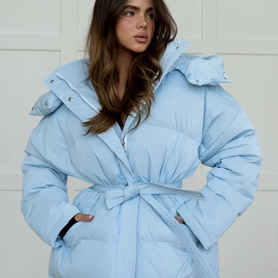 Light blue belted puffer jacket with hood from Hooded Thickened Thermal Zipper Bread Coat, stylish langry fashion and ملابس