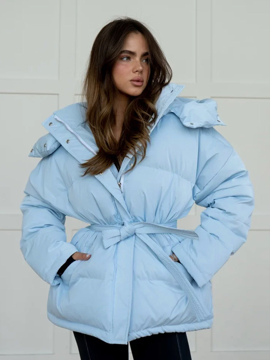 Light blue belted puffer jacket with hood from Hooded Thickened Thermal Zipper Bread Coat, stylish langry fashion and ملابس