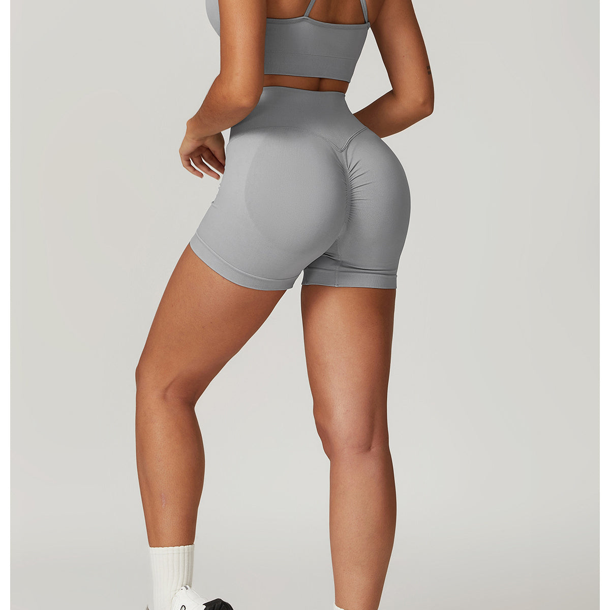 Gray Seamless Yoga Suit featuring a stylish bra and shorts Rhino design