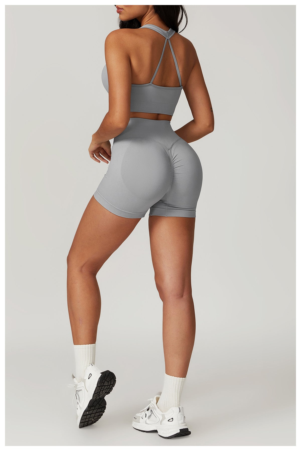 Gray Seamless Yoga Suit featuring a stylish bra and shorts Rhino design