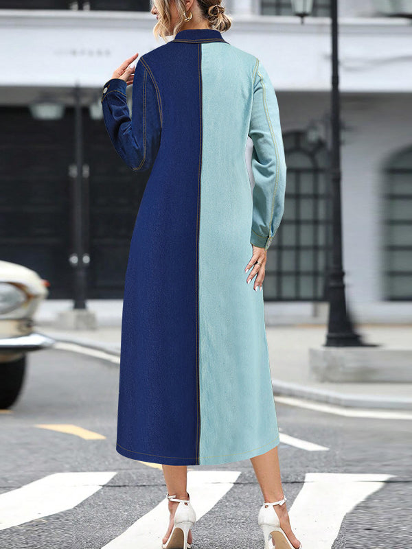 Two-tone long-sleeve midi dress showcasing beautiful denim stitching and elegant design