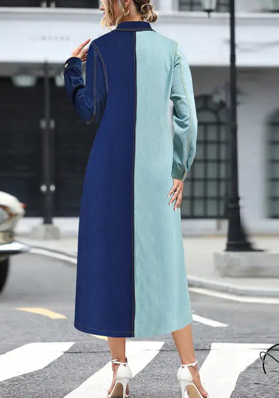 Beautiful denim stitching two-tone long-sleeve midi dress