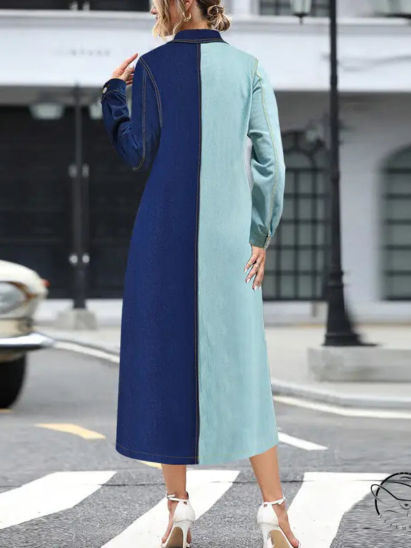 Beautiful denim stitching two-tone long-sleeve midi dress