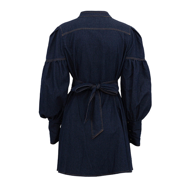 Dark blue denim shirt fashionable mini dress with puff sleeves and tie waist