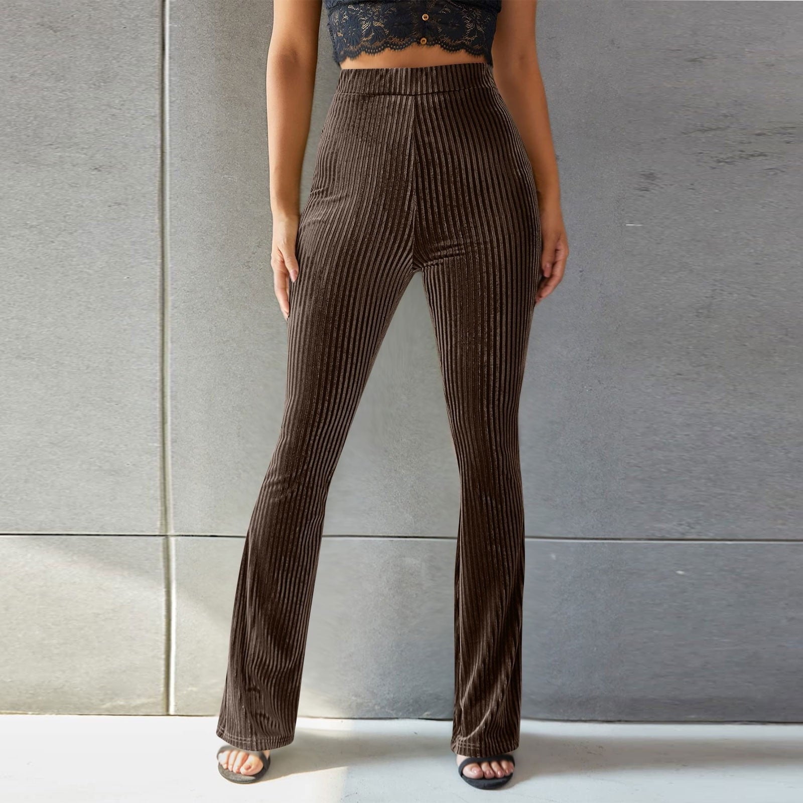 High waist pleuche sunken stripe pants featuring brown velvet flared design