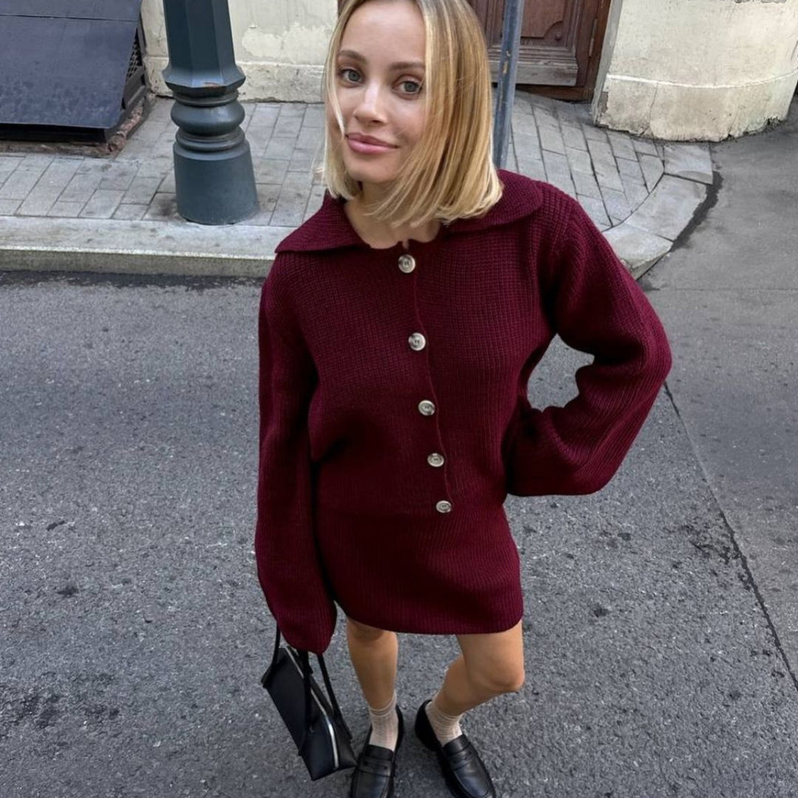 Burgundy knit cardigan dress from Cardigan Short Skirt Woolen Sets collection, fashionable ملابس