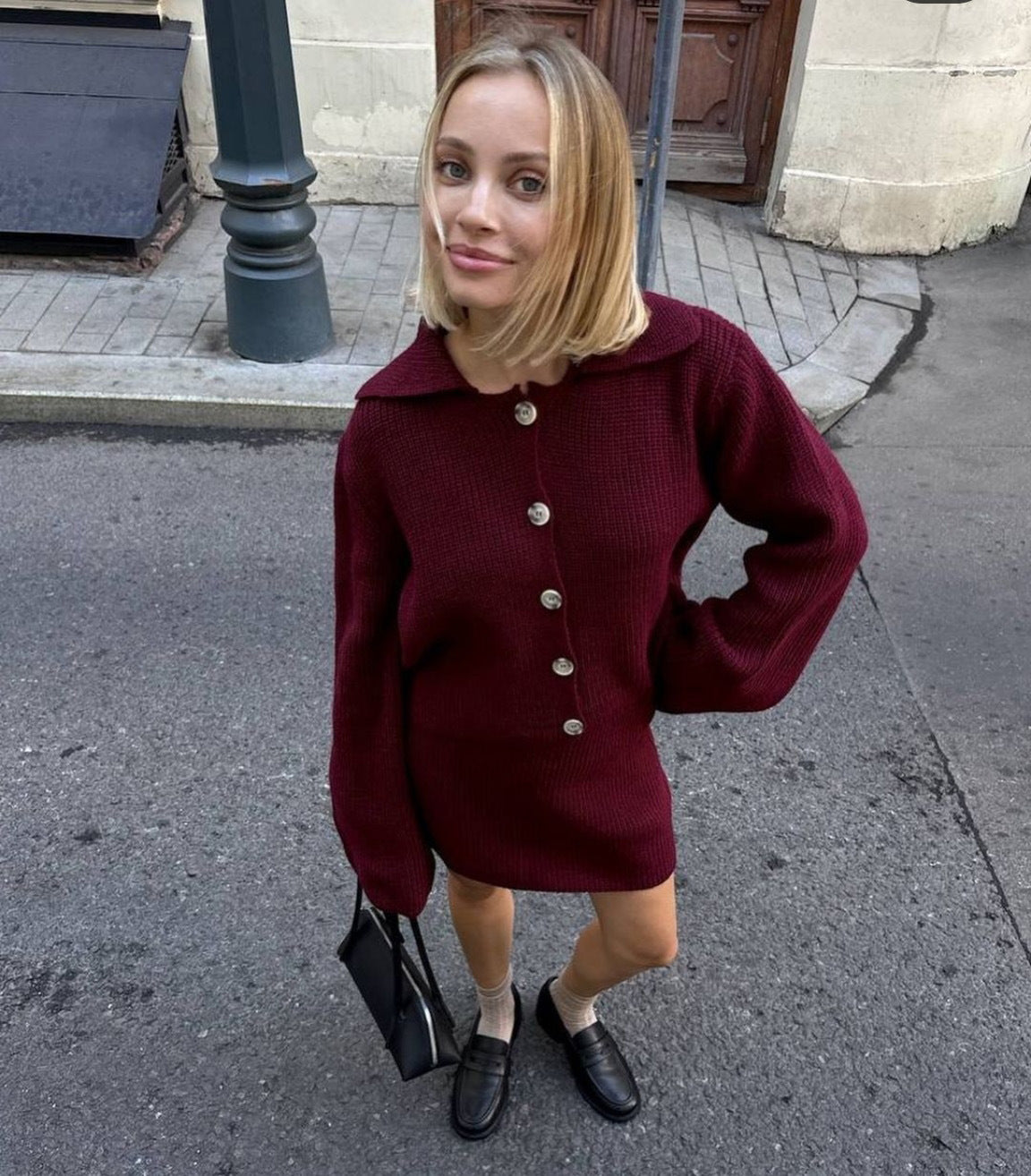 Burgundy knit cardigan dress from Cardigan Short Skirt Woolen Sets collection, fashionable ملابس