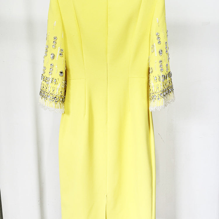 Yellow Diamond Embedded Mid Length Dress featuring embellished sleeves for elegant fashion