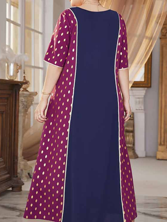 Comfy high waist elastic dress with dark purple fabric, gold polka dots, and blue panel