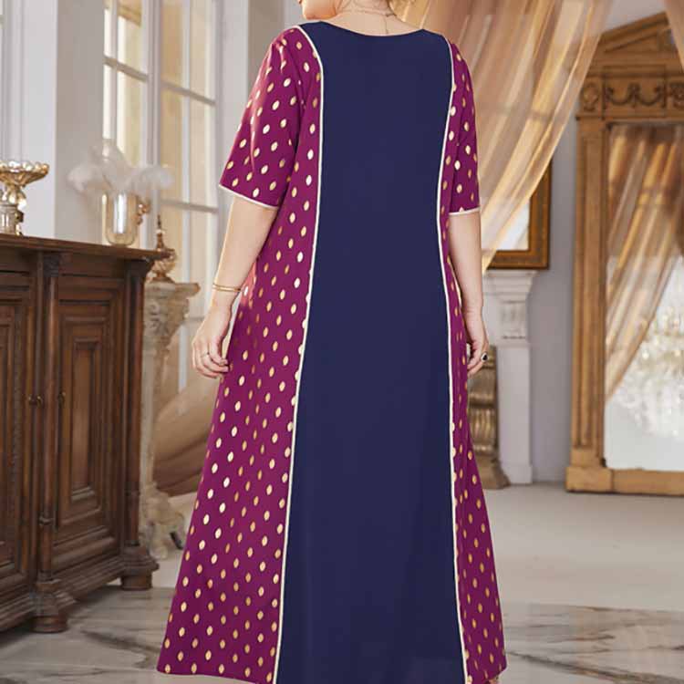 Comfy high waist elastic dress with dark purple fabric, gold polka dots, and blue panel