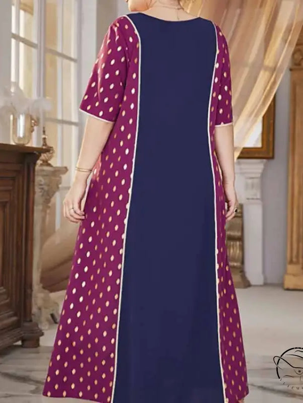 Comfy high waist elastic dress in dark purple with gold polka dots