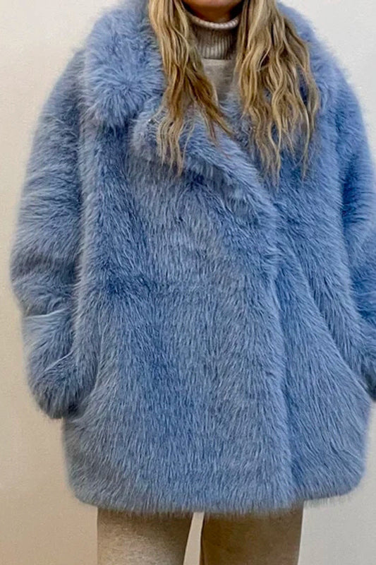 Blue faux fur coat with high collar and long sleeves in Langry fashion
