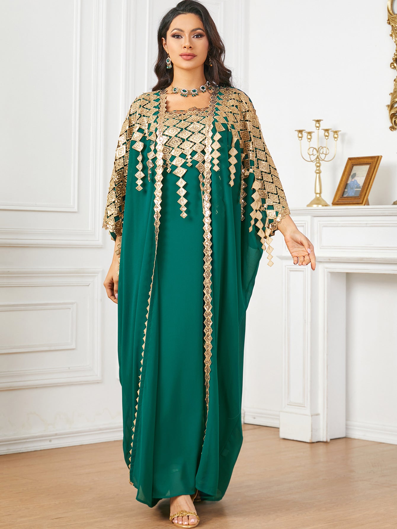 Langry green and gold embroidered kaftan fashion dress
