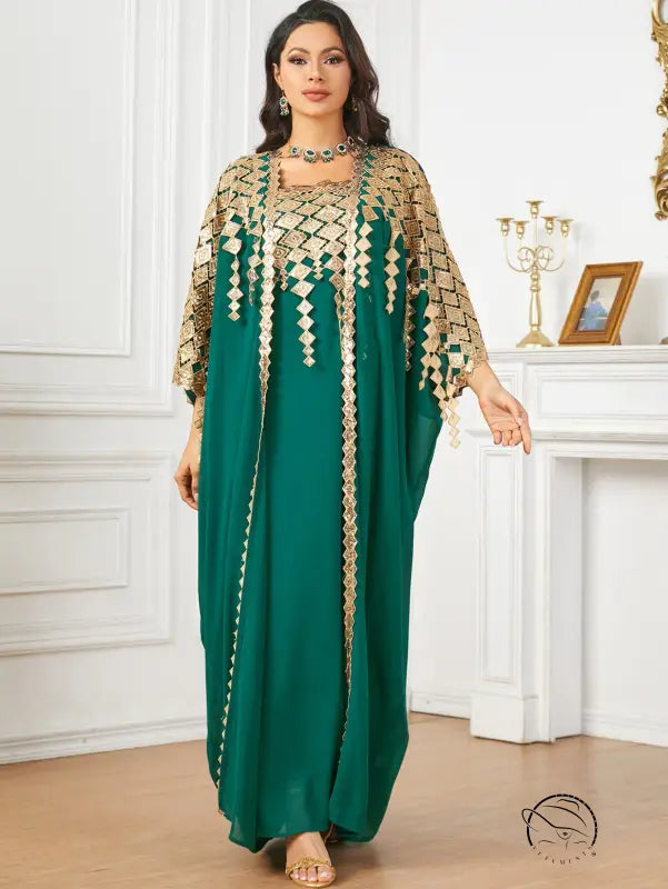 Green and gold embroidered langry fashion kaftan dress