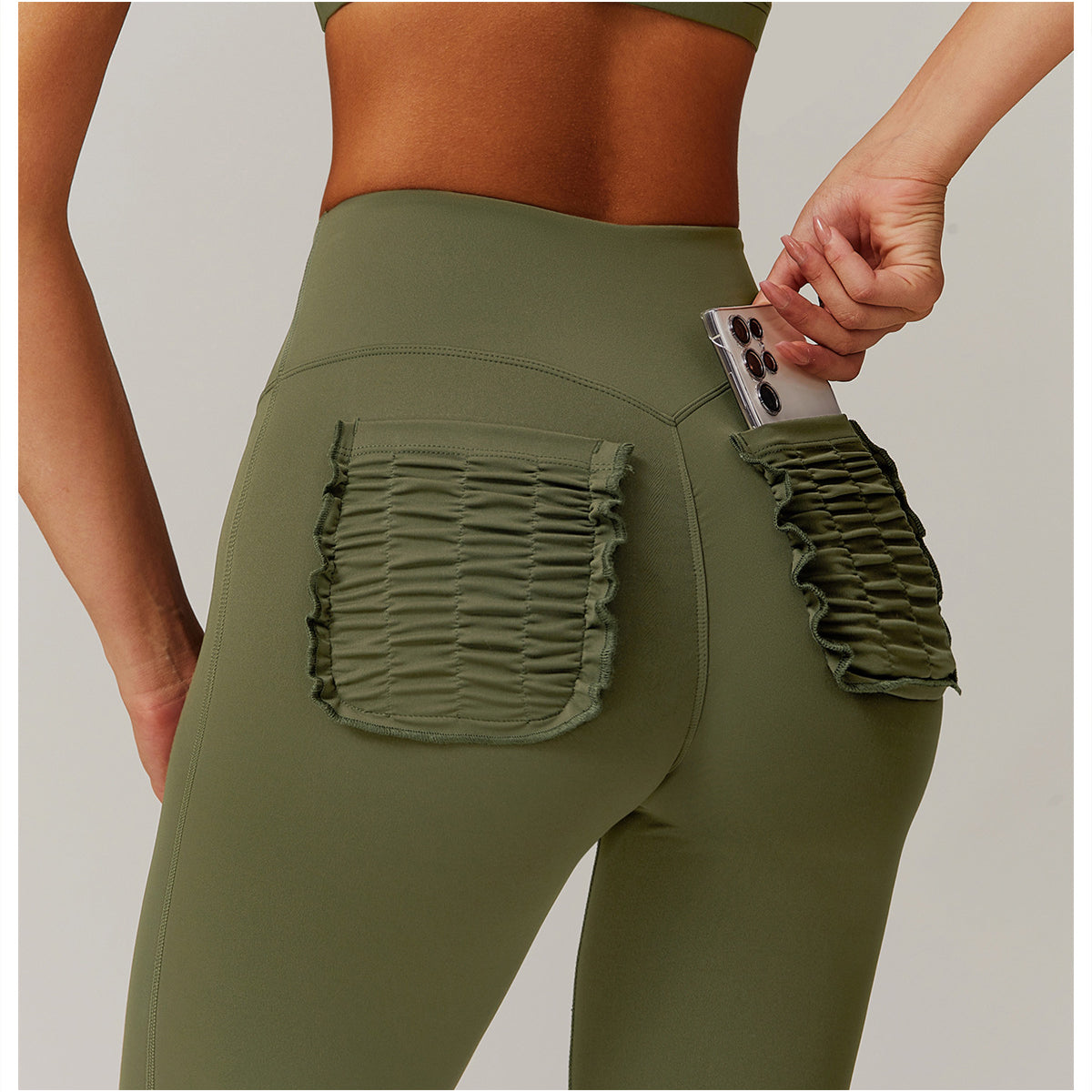 Olive green leggings with ruffled pockets for stylish casual sports trousers in fashion
