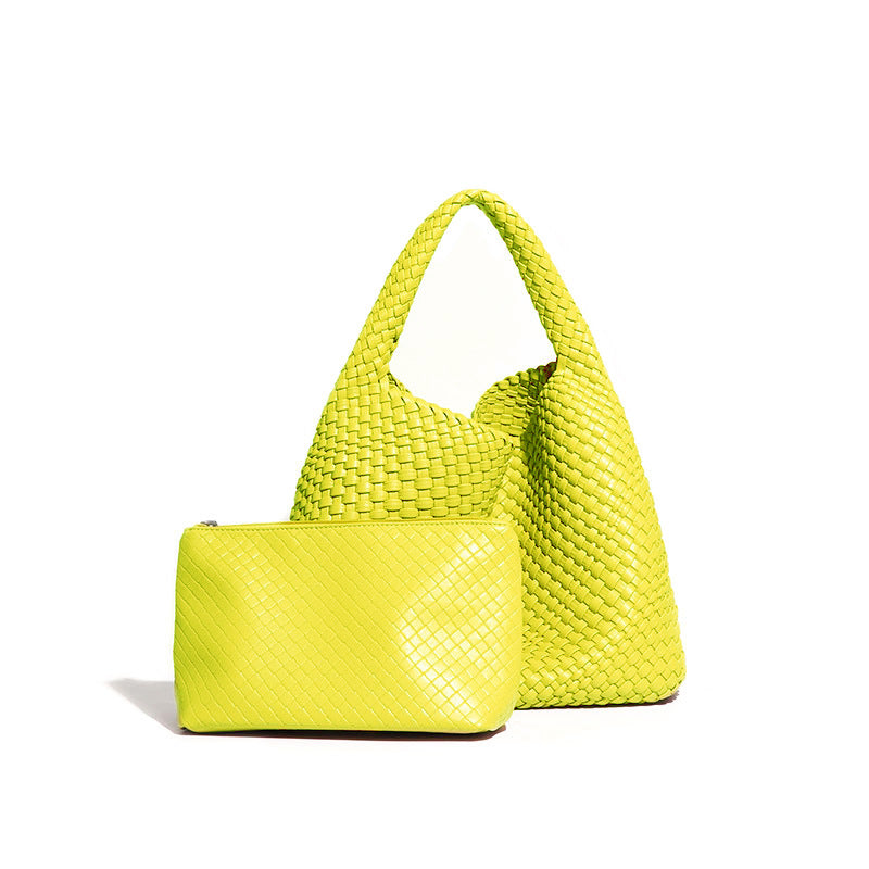 Handmade Woven Bag featuring a chartreuse handbag and pouch, perfect for trendy fashion looks