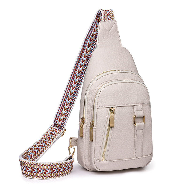 Beige faux leather sling bag with patterned strap from Langry fashion collection