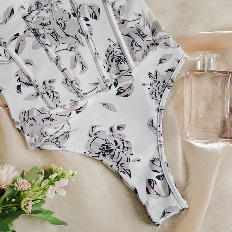 Floral-patterned white corset bodysuit from Cute Boning Vintage Corset for elegant fashion style