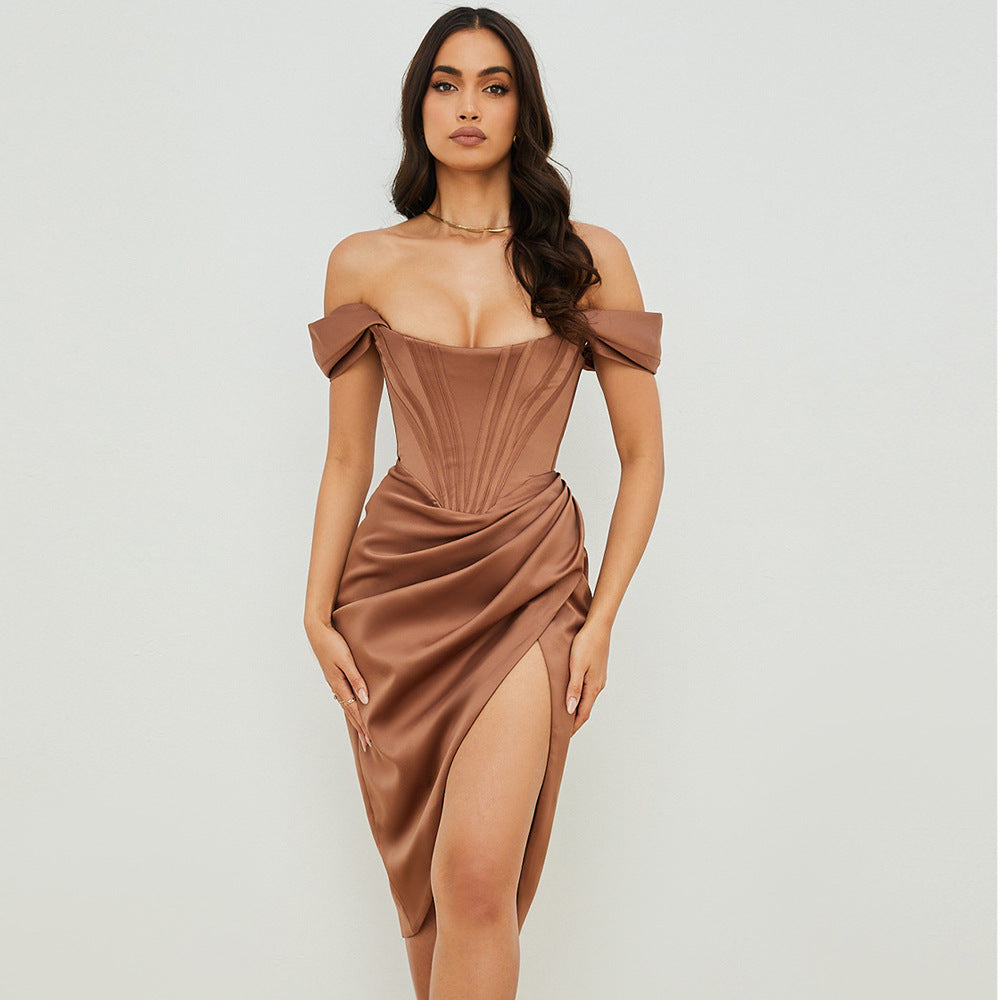 Off-shoulder brown satin Attracive Slim Fit Slit Dress with corset bodice and high slit