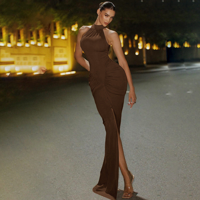 Brown halter-neck maxi dress with thigh-high slit from Gorgeous Sleeveless Maxi Dress collection, perfect for fashion and lounge wear