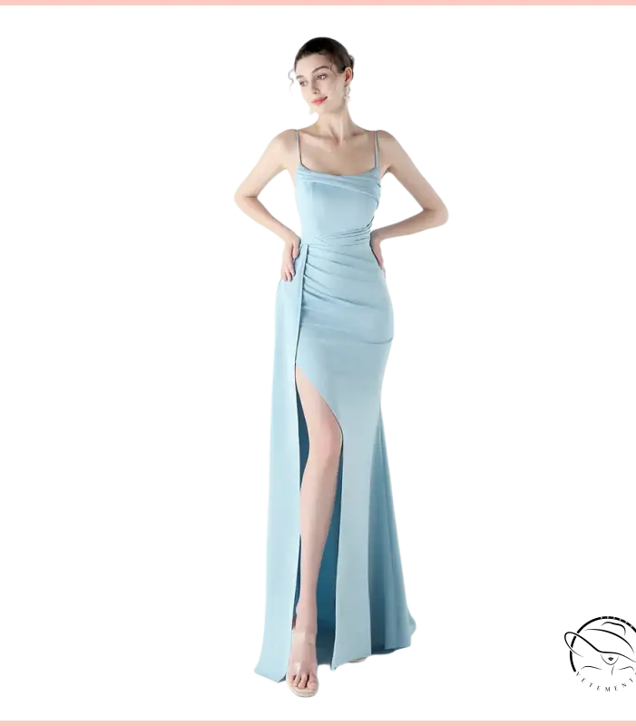 Elegant light blue satin high slit evening dress in langry fashion