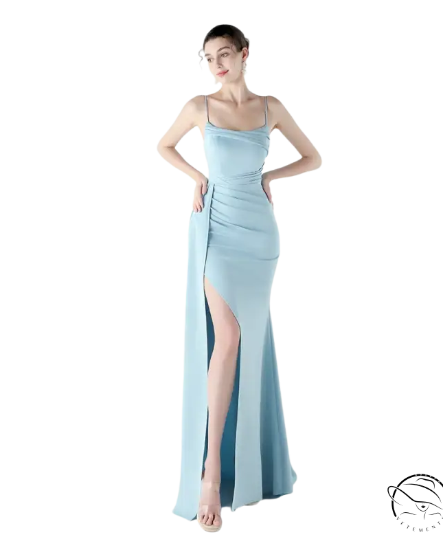 Elegant high slit evening dress in light blue satin from Langry fashion