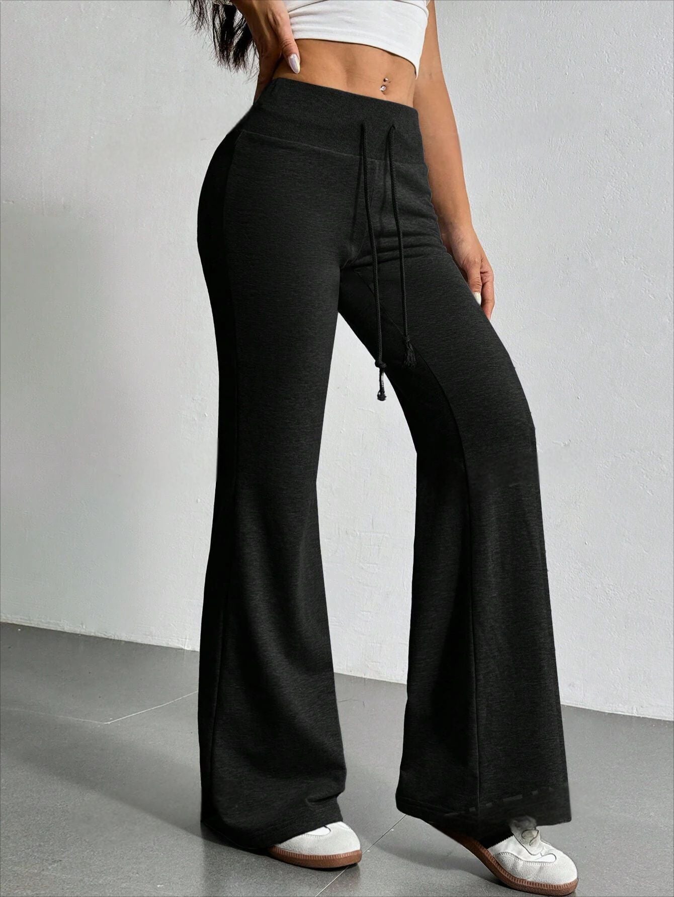 High Waist Casual Solid Color Bell Bottom Pants in black, perfect for stylish langry fashion