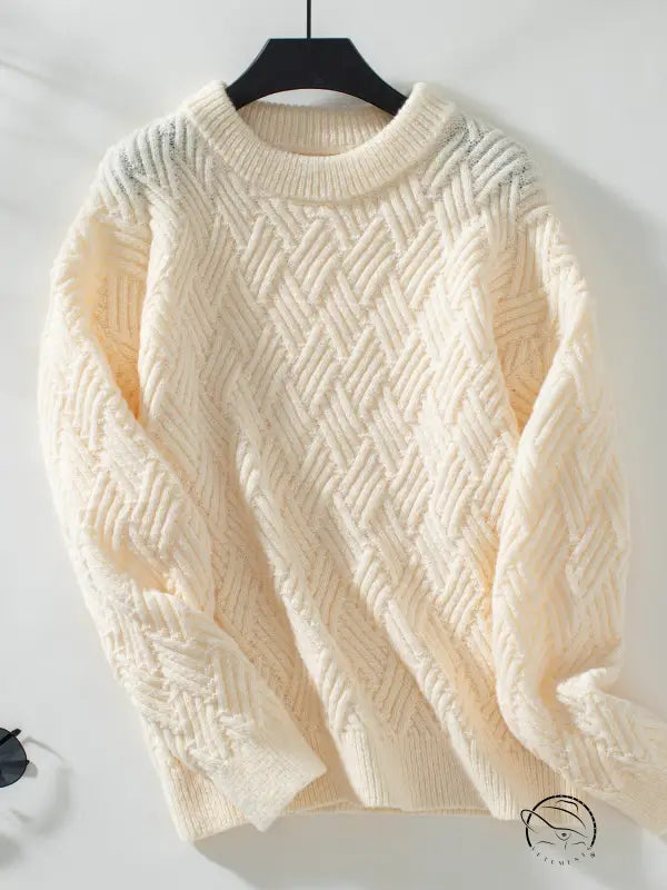 Winter retro crew neck knitwear: cream cable knit sweater with herringbone pattern