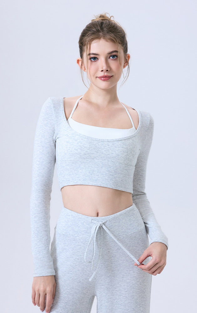 Light gray langry fashion crop top with white square neckline for yoga running