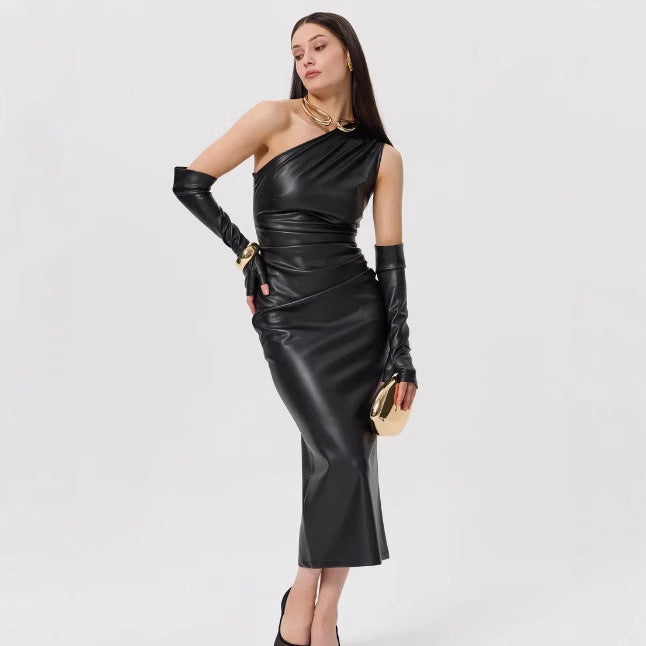 One-shoulder black leather midi dress with gloves, perfect for fashion-forward ملابس styles