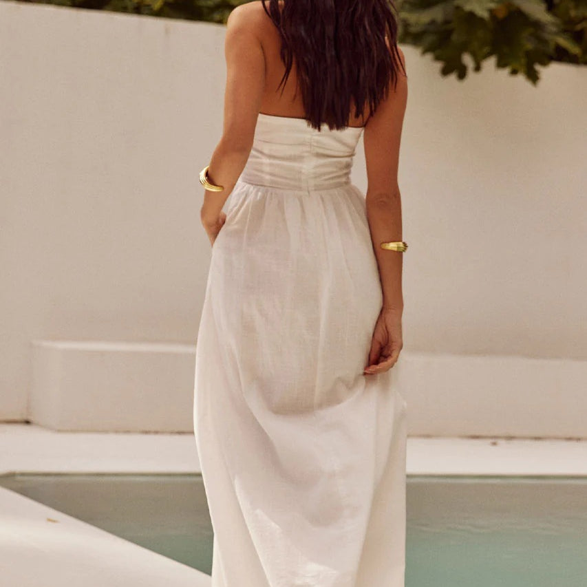Summer women wide camisole halter dress displayed in a strapless white maxi style